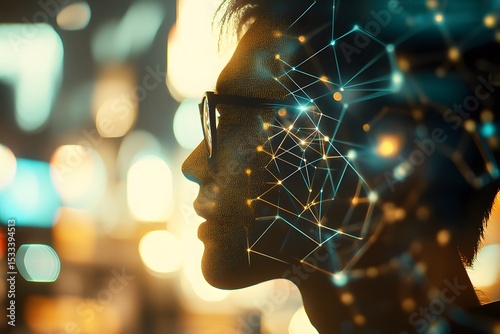 Silhouette of a person wearing glasses overlaid with a glowing network representing ai technology and data