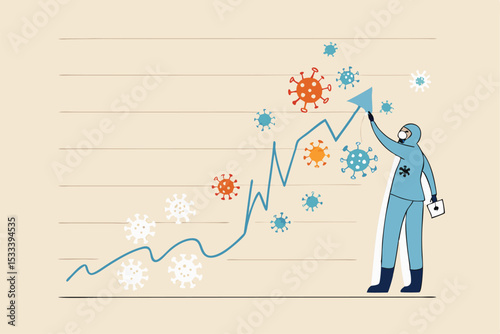 Coronavirus COVID-19 cases spike rising up in winter holiday or cold and fever season concept, medical front line staff standing with spike COVID-19 cases chart or graph with winter snow and virus.