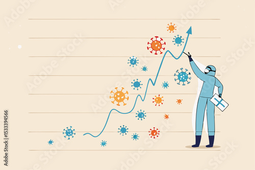 Coronavirus COVID-19 cases spike rising up in winter holiday or cold and fever season concept, medical front line staff standing with spike COVID-19 cases chart or graph with winter snow and virus.