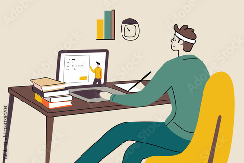 Online study, home schooling or e-learning while at home in social distancing Coronavirus COVID-19 outbreak concept, young man studying at home with online computer laptop and stack of books.