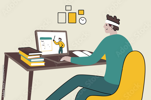 Online study, home schooling or e-learning while at home in social distancing Coronavirus COVID-19 outbreak concept, young man studying at home with online computer laptop and stack of books.