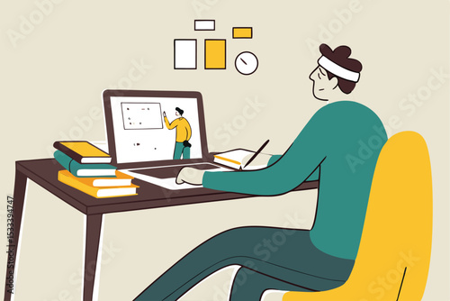Online study, home schooling or e-learning while at home in social distancing Coronavirus COVID-19 outbreak concept, young man studying at home with online computer laptop and stack of books.