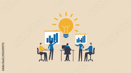 Team members in a meeting with charts and a lightbulb above the table showing a new business idea