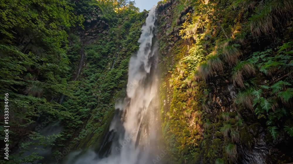 A stunning waterfall cascades down a rocky cliff surrounded by lush green vegetation. Sunlight filters through the trees, creating a serene atmosphere. A stunning waterfall cascades down a rocky cliff surrounded by lush green vegetation. Sunlight filters through the trees, creating a serene atmosphere.