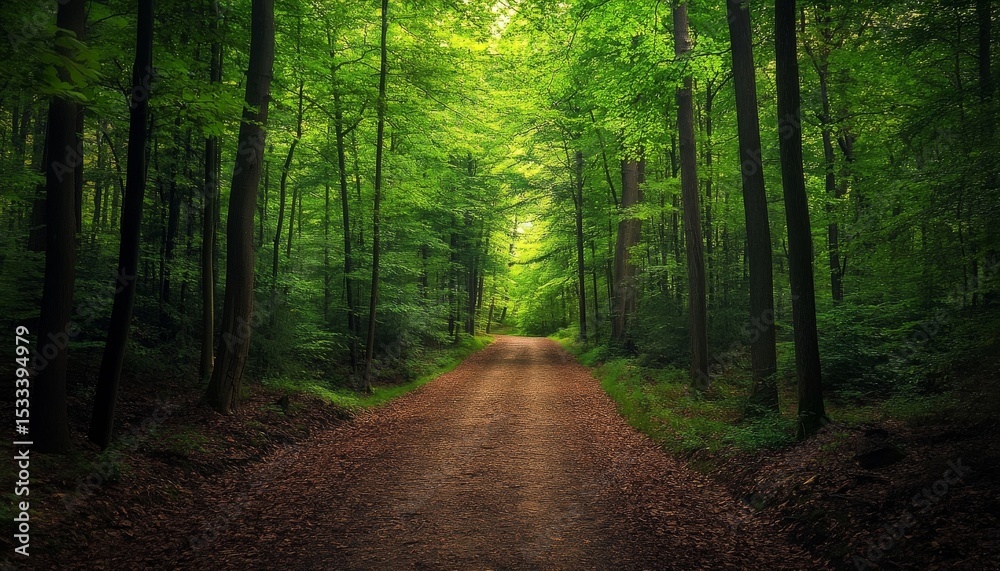 Obraz premium Lush Green Canopy, Dirt Road leading into the woods, Tranquil Nature Escape