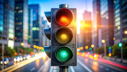 Traffic Light in Urban Setting: A vibrant traffic light shines brightly against a blurred urban backdrop.
