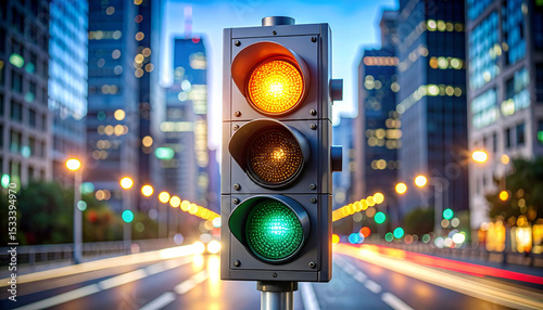 Traffic Light Guiding City Traffic: A detailed shot of a traffic light, its red, yellow, and green signals directing vehicles. The scene takes place at an urban intersection.