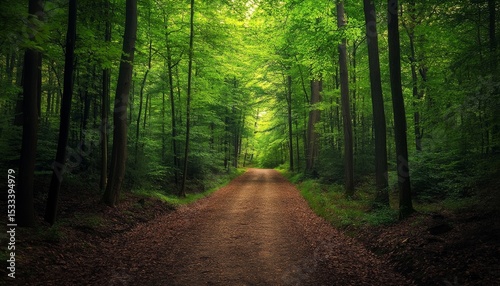  Lush Green Canopy, Dirt Road leading into the woods, Tranquil Nature Escape
