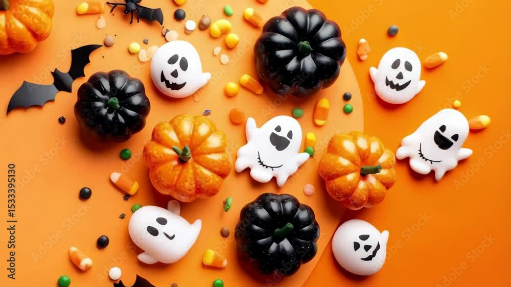 Halloween themed decorations and sweets on orange background, pumpkins, ghosts, bats and candy corn creating a festive seasonal arrangement