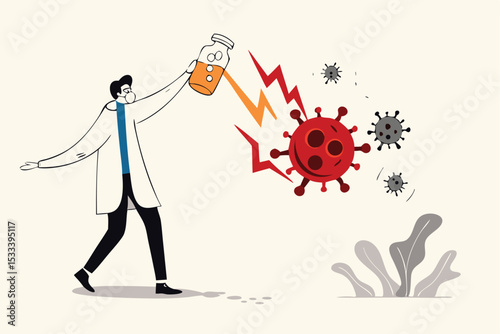 Coronavirus COVID-19 medicine or vaccine discovery, drugs to cure COVID-19 flu concept, doctor holding big tablet medicine or drugs with recovery effect to kill Coronavirus pathogen to melt to death.