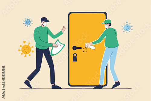 Cleaning or disinfect door handle to prevent Coronavirus COVID-19 outbreak concept, cleaning service workers spray disinfectant alcohol or sanitiser and using cloth to clean Coronavirus pathogens.