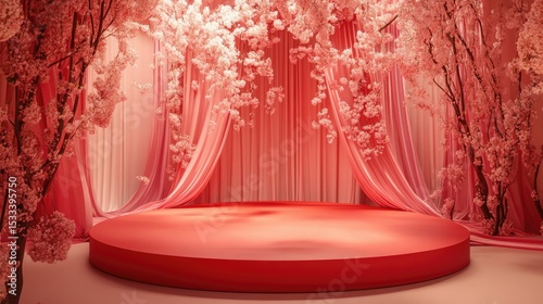 Ultra quality image of elegant pink podium with soft lighting and luxurious curtains in a serene setting,artistic, chic, curtain, display, elegance, elegant, graceful, luxurious