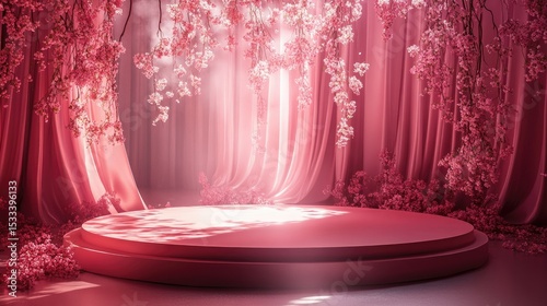 Ultra quality image of elegant pink podium with soft lighting and luxurious curtains in a serene setting,artistic, chic, curtain, display, elegance, elegant, graceful, luxurious