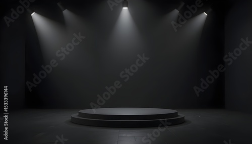 Empty Gradient Black Backdrop with Studio Floor and Spotlight Product Display Stage
