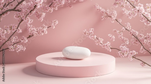 Transparent orbs suspended in mid-air envelop a circular pink podium set against a soft pastel background, creating a lifelike 3D setting with rich purple reflections suitable for displaying products