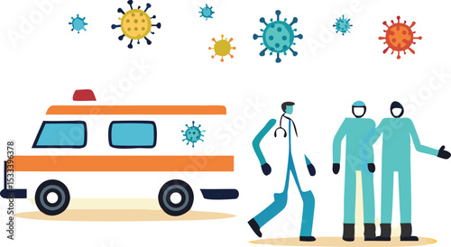 Emergency ambulance in Coronavirus COVID-19 outbreak crisis concept, doctor, medical staffs in full protective gear standing with ambulance ready to rescue and transfer Coronavirus COVID-19 patients.