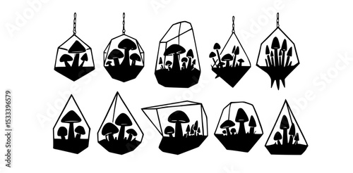 Geometric mushroom terrarium hanging decor illustrations
