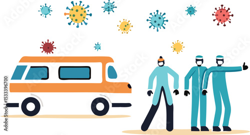 Emergency ambulance in Coronavirus COVID-19 outbreak crisis concept, doctor, medical staffs in full protective gear standing with ambulance ready to rescue and transfer Coronavirus COVID-19 patients.