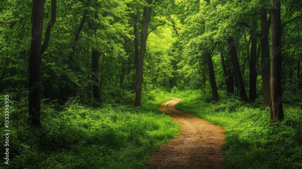 Obraz premium Serene Winding Path Through Lush Green Forest: Tranquil Nature Trail Scene