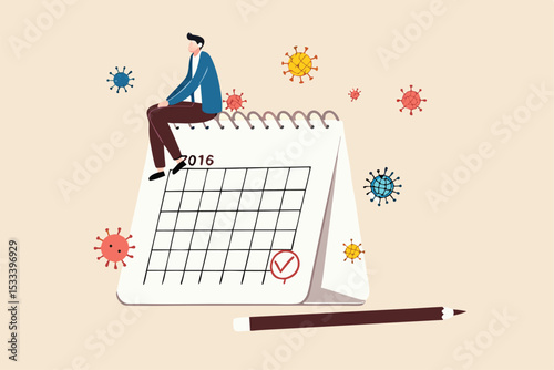 Coronavirus COVID-19 quarantine schedule calendar, plan for reopen business after COVID-19 lockdown concept, businessman business owner sitting on desktop calendar thinking about plan after lockdown.