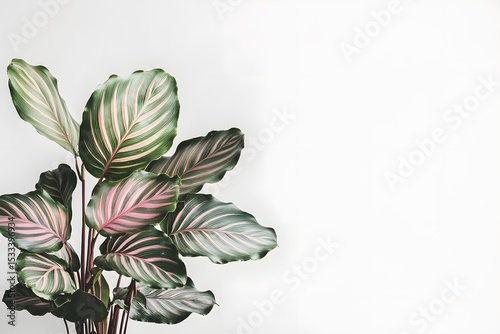 Stunning close up of a calathea orbifolia plant featuring bold green and pink leaf stripes