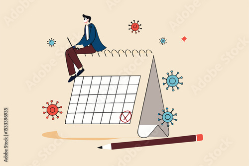Coronavirus COVID-19 quarantine schedule calendar, plan for reopen business after COVID-19 lockdown concept, businessman business owner sitting on desktop calendar thinking about plan after lockdown.