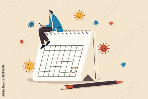 Coronavirus COVID-19 quarantine schedule calendar, plan for reopen business after COVID-19 lockdown concept, businessman business owner sitting on desktop calendar thinking about plan after lockdown.