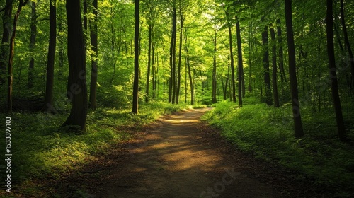Sunlit Path Through Lush Green Deciduous Forest: Tranquil Nature Walk in Summer Woods