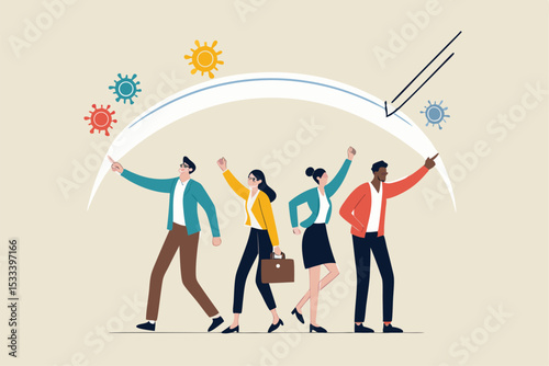 Herd immunity, immunized people who cured from Coronavirus COVID-19 viral disease concept, people wearing face mask together with shield or guard effect to protect from infection Coronavirus pathogen.