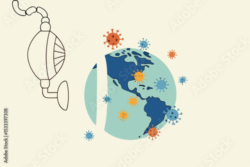 COVID-19 novel Coronavirus pandemic disease, world spreading outbreak in critical concept, planet earth or world globe with map of Americas United States using resuscitator, COVID-19 virus pathogens.