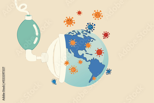 COVID-19 novel Coronavirus pandemic disease, world spreading outbreak in critical concept, planet earth or world globe with map of Americas United States using resuscitator, COVID-19 virus pathogens.