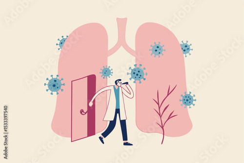 Doctor work hard fight with Coronavirus COVID-19 to safe patient from lungs infection pneumonia concept, doctor tried from work to help patient with open door to see lungs with Coronavirus pathogen.