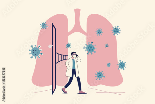 Doctor work hard fight with Coronavirus COVID-19 to safe patient from lungs infection pneumonia concept, doctor tried from work to help patient with open door to see lungs with Coronavirus pathogen.