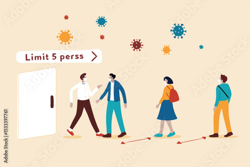 New normal social distancing lifestyle in COVID-19 Coronavirus era, people wearing face mask wait in line keep distance away and checking body temperature before entering store and limit people inside