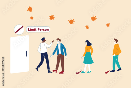 New normal social distancing lifestyle in COVID-19 Coronavirus era, people wearing face mask wait in line keep distance away and checking body temperature before entering store and limit people inside
