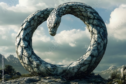 Symbolic ouroboros stone snake depicted in the sky as an image representing eternity