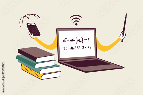 Online e-learning, teaching via internet course or study online at home in Coronavirus COVID-19 outbreak concept, computer laptop with math equation on display with hands as professor or teacher.