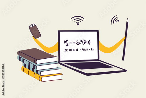 Online e-learning, teaching via internet course or study online at home in Coronavirus COVID-19 outbreak concept, computer laptop with math equation on display with hands as professor or teacher.