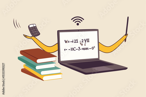 Online e-learning, teaching via internet course or study online at home in Coronavirus COVID-19 outbreak concept, computer laptop with math equation on display with hands as professor or teacher.