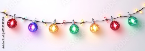 Festive Christmas String Lights with Colorful Glass Ornaments Hanging on White Wall Background
