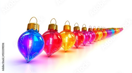 Vibrant Rainbow LED Christmas Ornaments Line on White Background: Festive Holiday Decoration
