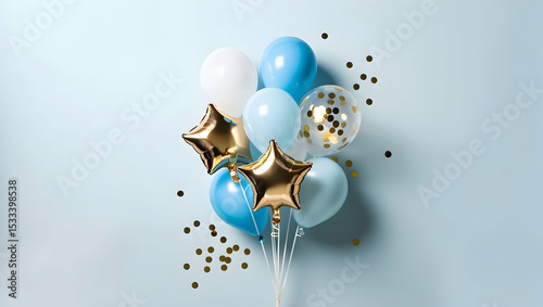 A bunch of blue and gold balloons with confetti dots