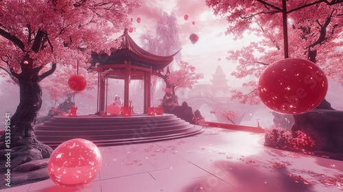Cherry Trees Framed by Garden Shrines in Soft Light, Elegant Pagoda Surrounded by Cherry Blossoms and Floating Red Lanterns
