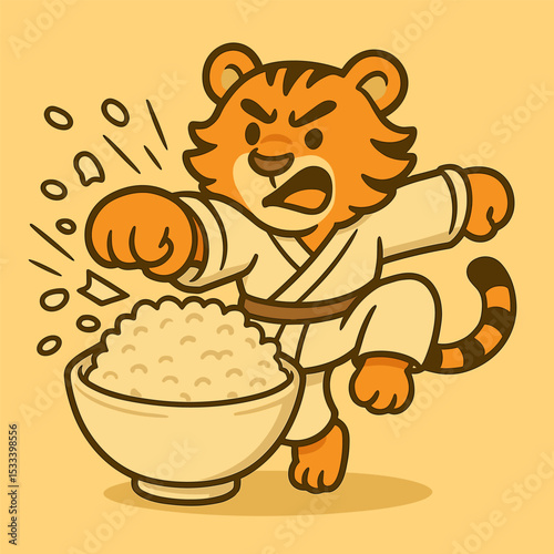 A cartoon tiger punching through a giant rice bowl in kung fu training, rice flying everywhere. Chef-style robe, determined face, funky style. Solid background.