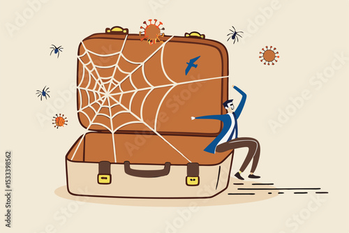 Trip cancelled, travel suspend all airports closed in Coronavirus COVID-19 outbreak crisis concept, sad man tourist sitting on empty travel bag, luggage holding toy airplane wait for travel the world