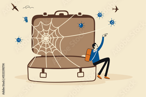 Trip cancelled, travel suspend all airports closed in Coronavirus COVID-19 outbreak crisis concept, sad man tourist sitting on empty travel bag, luggage holding toy airplane wait for travel the world