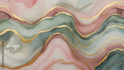 Abstract watercolor painting with gold line accents art