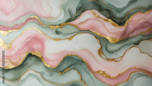 Abstract fluid art with pink green and gold accents