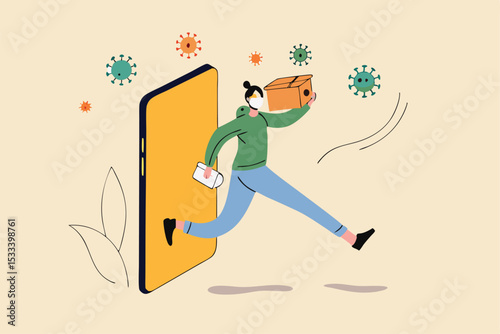 Shopping online and fast shipping while self quarantine in social distancing Coronavirus COVID-19 outbreak concept, agile delivery man run from smart phone shopping website ship package to customer