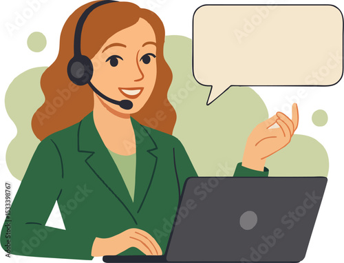 Smiling customer service agent helps from her computer